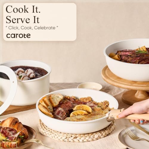 CAROTE Pots and Pans Set Non Stick, Detachable Handle Cookware, 21pcs,White
