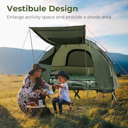 GYMAX Tent Cot, 5-in-1 Folding Camping Cot with Mattress & Pillows, Sleeping Bags, Sunshade, Camping Tent Elevated with Carrying Bag for Outdoor Hiking, Fishing, Picnic (1-Person)