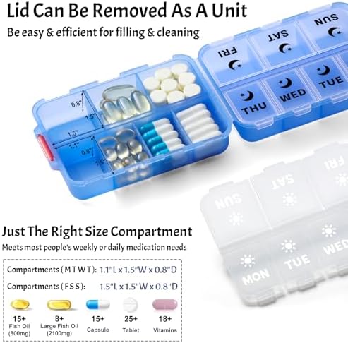 Foldable Portable 7 Day Pill Organizer 2 Times a Day, AM PM Weekly Pill Box