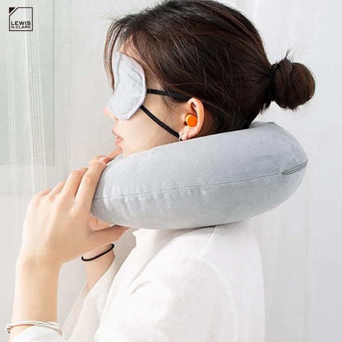 Lewis N. Clark Compact Portable Adjustable and Inflatable Cervical Neck Pillow for Travel, Gray, One Size