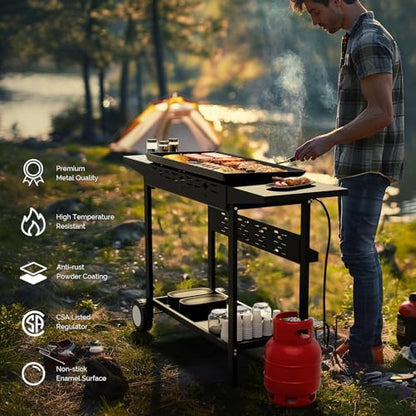 ROVSUN 4 Burner Portable Propane Griddle with Nonstick Enameled Tray, 40000 BTU Rolling Flat Top Gas Grill with Electronic Ignition, Side Shelves & Regulator for Outdoor Cooking Camping BBQ Tailgating