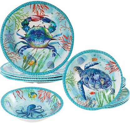 Coastal Dinnerware Sets, Ocean Theme Unbreakable Kitchen Plates and Bowls Set, Coastal Dishes Lightweight Dinnerware Set, RV and Camping dishes set for 4, Dishwasher Safe