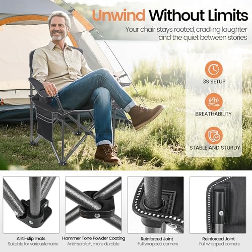 WEIDIORME 2 Pack Heavy Duty Oversized Camping Chair for Adults 400lbs w/Lumbar Support - Folding Chairs with Side Pocket, Cup Holder & Cooler Bag for Beach, Fishing, Lawn, Backyard Black