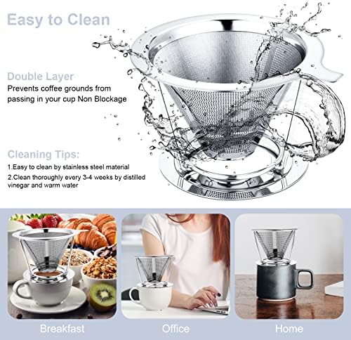 Pour Over Coffee Maker,Coffee Filter,Slow Drip Paperless Stainless Steel Cone Coffee Dripper(1-2 Cup)