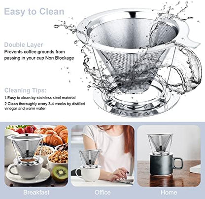 Pour Over Coffee Maker,Coffee Filter,Slow Drip Paperless Stainless Steel Cone Coffee Dripper(1-2 Cup)