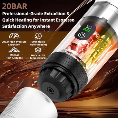 Portable Coffee Maker for Travel & Camping, Portable Espresso Maker with Bag, Rechargeable Cordless Battery Operated Coffee Makers for Ground Coffee, NS Capsule RV, Hiking, Office(White)