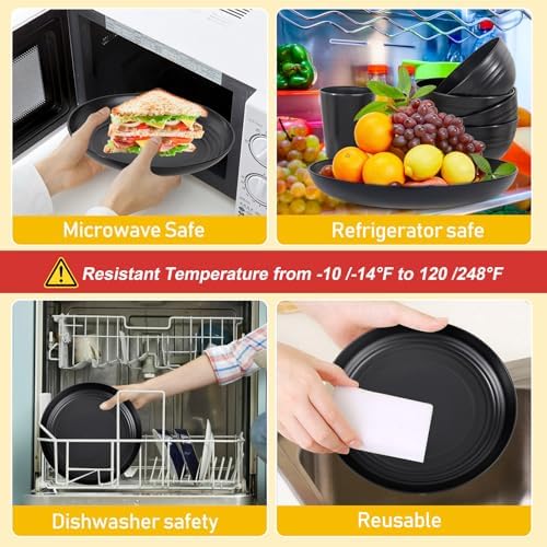 LIYH 16 Pcs Unbreakable Wheat Straw Dinnerware Set for RV & Dorm, Black