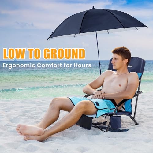 Lamberia Folding Beach Chair with Umbrella for Adults, Portable Low Beach Chairs with 300lbs Capacity, Lightweight Fodable Camping Chair for Travel, Picnic, Concert & Outdoor Activities, Navy Blue
