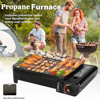 Portable Butane Stove Dual Fuel Gas BBQ Grill with Case & Stainless Grate