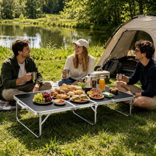 Moosinily Small Camping Table 4FT Folding Picnic Table Foldable Low Camp Table Portable Short Aluminum Outdoor Short Floor Beach BBQ Travel Black 47.2×15.7 inch