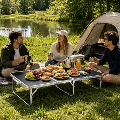 Moosinily Small Camping Table 4FT Folding Picnic Table Foldable Low Camp Table Portable Short Aluminum Outdoor Short Floor Beach BBQ Travel Black 47.2×15.7 inch