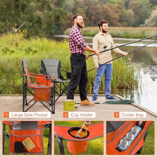 Oversized Padded Camping Chairs for Adults,Heavy Duty Support 400 Lbs,Folding Portable Lawn Chair w/Cup Holder,Cooler Bag,Side Pocket,Perfect for Outdoor Picnic,Hiking(Orange)