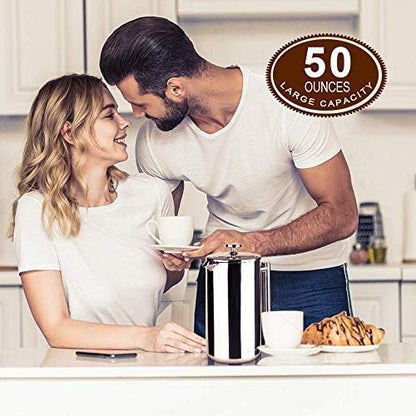 Secura French Press Coffee Maker, 304 Grade Stainless Steel Insulated Coffee Press with 2 Extra Screens, 50oz (1.5 Litre), Silver (Pack of 2)
