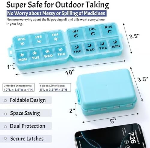 Foldable Portable 7 Day Pill Organizer 2 Times a Day, AM PM Weekly Pill Box