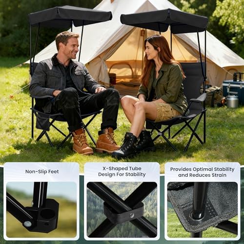 Portable Camping Chair 2 Pack with Foldable Canopy, Folding Outdoor Chair with Cup Holder & Side Pocket for Camping, Hiking, Picnic, Beach (Black)