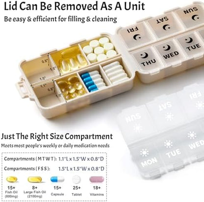 Foldable Portable 7 Day Pill Organizer 2 Times a Day, AM PM Weekly Pill Box
