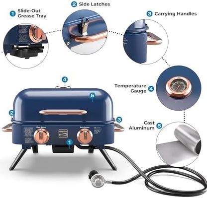 Kenmore Portable Propane Gas Grill - Tabletop BBQ Grill with Warming Rack, 2 Stainless Steel Burners with 14,000 BTUs, for Outdoor Kitchen, Camping, Navy & Copper