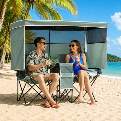 Double Beach Chair with Canopy Shade Oversized Camping Chairs with Canopy, Cooler Bag & Cup Holder Folding Loveseat for Camp Fishing Beach