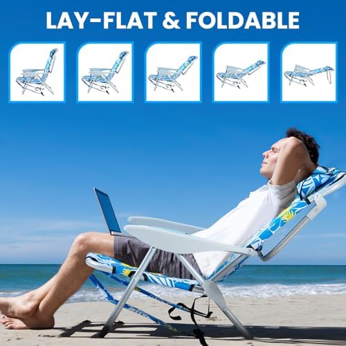 2 Pack Lightweight Portable Camping Beach Chair for Adults, Outdoor Lay Flat Folding Beach Chairs with 5 Positions, Backpack Beach Chair with Towel Bar, Zipper Pouch, Hawaiian Style