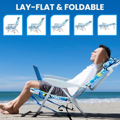 2 Pack Lightweight Portable Camping Beach Chair for Adults, Outdoor Lay Flat Folding Beach Chairs with 5 Positions, Backpack Beach Chair with Towel Bar, Zipper Pouch, Hawaiian Style