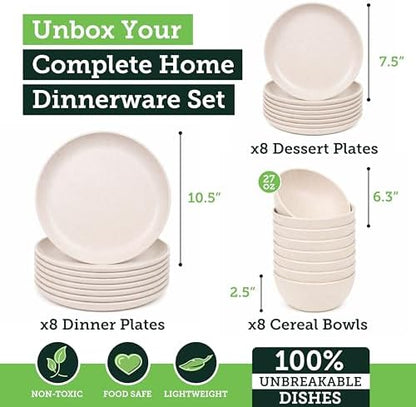 Grow Forward 24-piece Premium Wheat Straw Dinnerware Sets for 8 - Unbreakable Dishwasher & Microwave Safe Plastic Plates and Bowls Sets - Patio, Outdoors, RV, Camping Dishes - Sahara