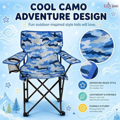 Emily Rose Blue Camo Kids Folding Camp Chair – Ages 2-7 with Safety Lock