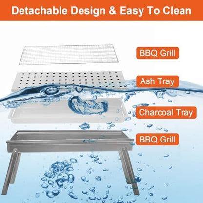 Foldable Charcoal BBQ Grill, 21.8x8.8x12in Portable Grill Charcoal with Side Table, Stainless Steel BBQ Grill, Easy Setup Tabletop Barbecue Grill for Camping Picnic Outdoor Party Backyard Travel