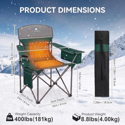 Heated Camping Chairs 2 Pack - Heavy Duty 400LBS Padded Lawn Chair with Cup Holder,Side Pocket,Collapsible for Outdoor,Camp,Fishing & Garden,Dark Green,Battery NOT Included