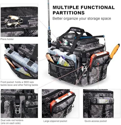 Rabjen Fishing Tackle Bag with Rod Holders & Cooler Main Compartment – Large Capacity Fishing Bag for Organized Gear Storage