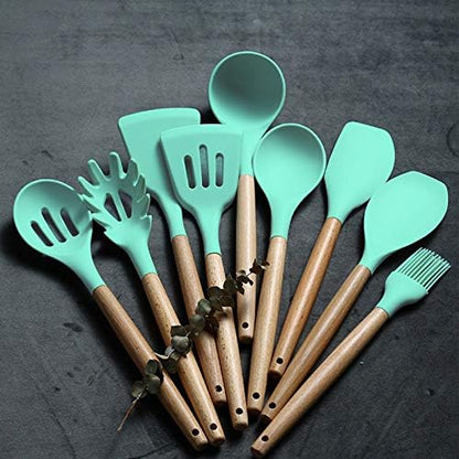 Umite Chef Kitchen Cooking Utensils Set, 24 pcs Non-stick Silicone Cooking Kitchen Utensils Spatula Set with Holder, Wooden Handle Heat Resistant Silicone Kitchen Gadgets Utensil Set (Green)