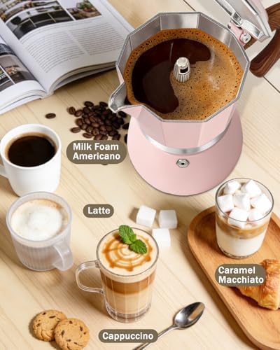 Coffee Maker Stovetop Espresso Maker 6 Cup Aluminum Moka Pot Percolator 10oz 300ml Easy Brewing for Electric Ceramic Stoves Home Camping Italian Cuban Café Classic Pink