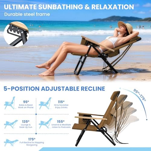 2 Pack Premium 5-Position Reclining Camping Chair - Portable Folding Lightweight Outdoor Chair with Wooden Armrests, Headrest & Pockets, 350lbs Heavy Duty for Beach, Patio, Backyard, Brown