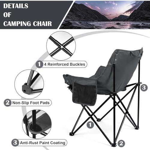 Leonyo Beach Camping Chair 2 Pack, Outdoor Folding Chair for Adults, Heavy Duty Portable Chair for Outside Fishing, Lawn, Sport, Patio, Armrest Cup Holder & Storage Pocket, Carry Bag, Grey
