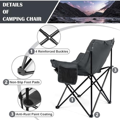Leonyo Beach Camping Chair 2 Pack, Outdoor Folding Chair for Adults, Heavy Duty Portable Chair for Outside Fishing, Lawn, Sport, Patio, Armrest Cup Holder & Storage Pocket, Carry Bag, Grey