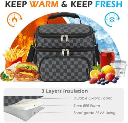 FlowFly Double Layer Cooler Insulated Lunch Bag Adult Lunch Box Large Tote Bag for Men, Women, With Adjustable Strap,Front Pocket and Dual Large Mesh Side Pockets