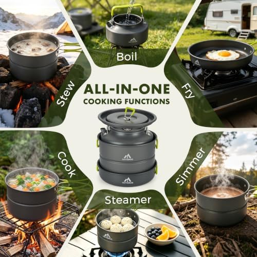 THTYBROS Aluminum Camping Pots Pans Outdoor Steamer 26Pcs Cookware Mess Kit