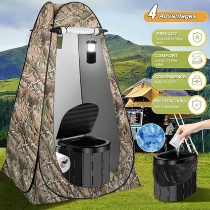 Portable Toilet Kit, Camping Toilet with Pop-Up Privacy Tent and Poo Gel Toilet Bags, Washable Portable Outdoor Showers Changing Rooms