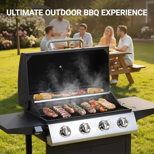 HUGROVE 40,000 BTU Propane Gas Grill, 4 Burner Outdoor BBQ Grill
