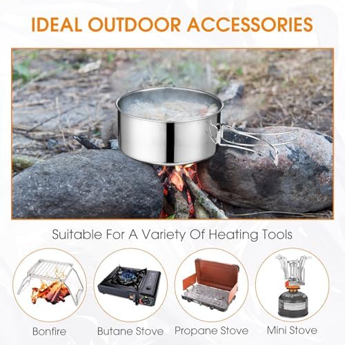 Funnymoom 14 Piece Camp Cooking Set, Stainless Steel Camping Cookware with Pot and Pan Kit 2 Set Stainless Steel Cups Plates Forks Knives Spoons for Camping, Backpacking, Outdoor Cooking and Picnic