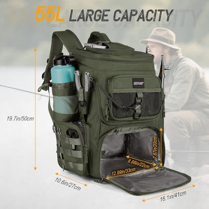Goture Fishing Backpack with Cooler,55L 900D Tackle Backpack & Rod Holders