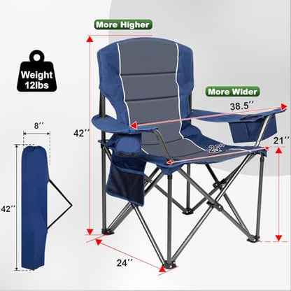 Oversized Padded High Back Camping Chairs,2 Pcs Heavy Duty Folding Chairs Support 500LBS with Cooler Bag,Cup Holder Cooler Bag, Collapsible Chairs for Outdoor, Tailgate, Fishing, Blue