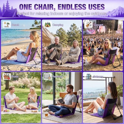 2pack Foldable Floor Chair with Back Support Folding Beach Chair, Purple