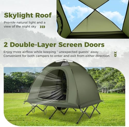 GYMAX 2-Person Tent Cot, 3 in 1 Folding Off-Ground Cot Bed Combo with Portable Wheeled Bag, Waterproof Rainfly, 2 Mesh Doors & Skylight Roof for Hiking, Backpacking, Outdoor