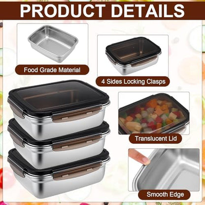 12 Pcs 61oz/ 1800 ml 304 Stainless Steel Food Containers with Lid, FDA Registered Airtight Lunch Container Reusable Meal Prep Storage Box Freezer/Dishwasher Safe for Home Kitchen