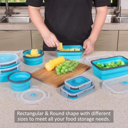 8 Pack Collapsible Food Storage Containers with Lids, Silicone Collapsible Food Containers, Collapsible Storage Containers Sets for Snack Camping RV, Microwave Freezer Dishwasher Safe, Blue