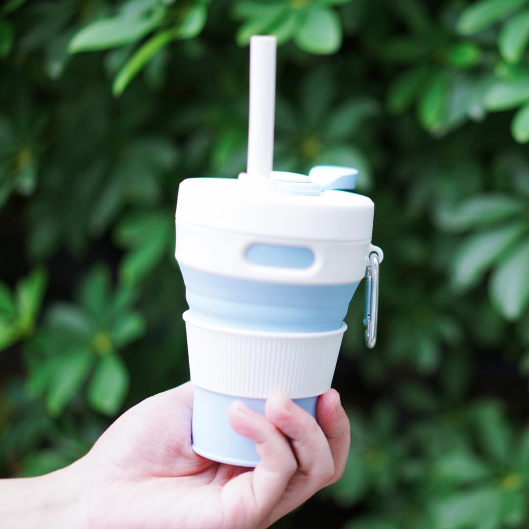 Silicone Collapsible Travel Mug Blue 15oz / 450ml - Leak-Proof Reusable Silicone Water Bottle for Hot and Cold Beverages - Travel Office and Home - Dishwasher Safe - Straw Included