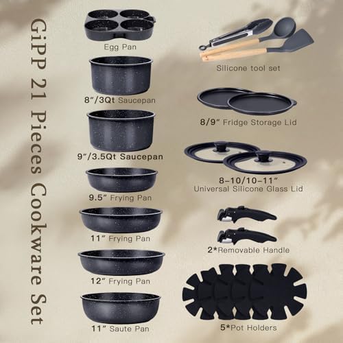 GIPP Pots and Pans Set Non Stick,Kitchen Cookware Set Detachable Handle, Non Toxic Cooking Pan Set with Frying Pans Set,RV Cookware Sets for All Stoves, Dark Grey, 21PCS