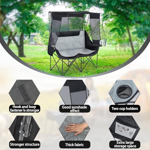 Teenyyou Double Camping Chair with Canopy 660lbs Heavy Duty, Black and Grey