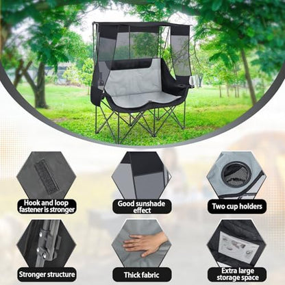 Teenyyou Double Camping Chair with Canopy 660lbs Heavy Duty, Black and Grey