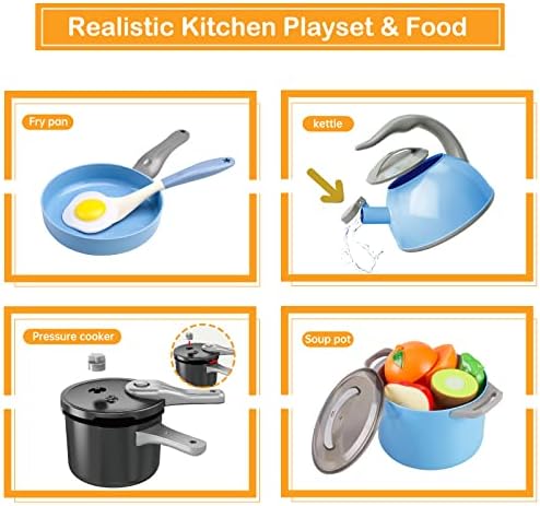 105Pcs Kids Kitchen Toy Accessories, Toddler Pretend BBQ Camping Cooking Playset, Play Pots, Pans, Utensils Cookware Toys, Play Food Set, Vegetables, Learning Gift for Girls Boys